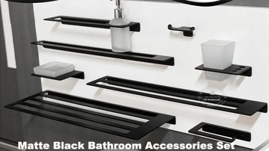 Set moderno di accessori per il bagno da 6 pezzi. Prodotti per il bagno dell'hotel in nero opaco di lusso moderno. Accessori da bagno